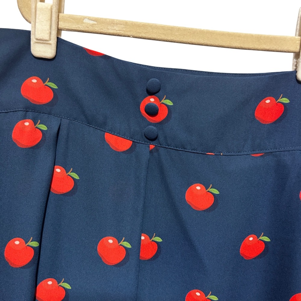 ModCloth Womens A-Line Skirt 3X Navy Blue Red Apple Print Pleated Retro Preppy - Picture 2 of 10